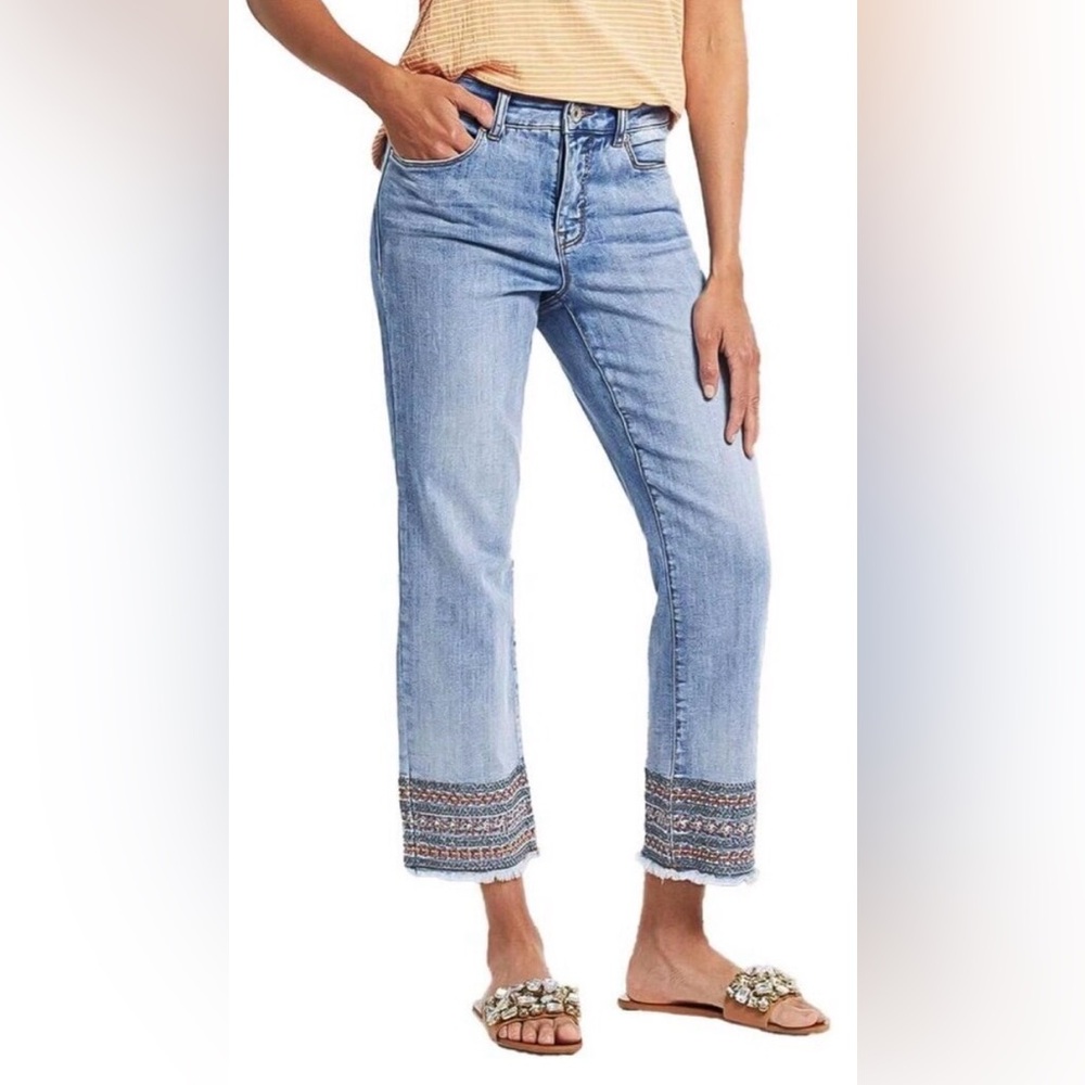 Flamingals Straight Leg Cropped Mid Rise Stretchy Tribal Embroidery Jeans-Large - Picture 2 of 7